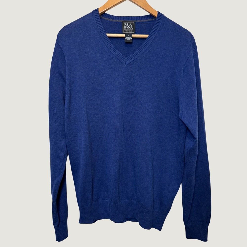 Jos A Bank Traveler Mens V-Neck Sweater M Blue Pima Cotton Preppy Layers Cassic